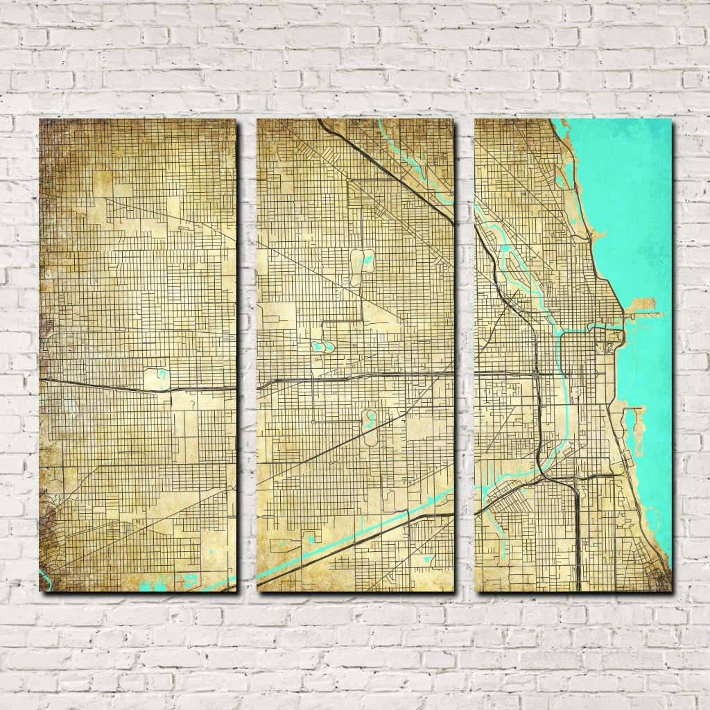 Chicago map 3 panel canvas