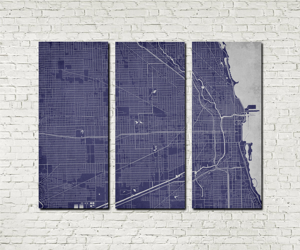 Chicago City Street Map 3 Panel Canvas Wall Art 7002C3B