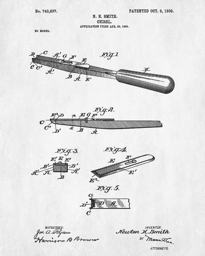 Carpenters Chisel Patent Print Hand Tools Blueprint Workshop Poster