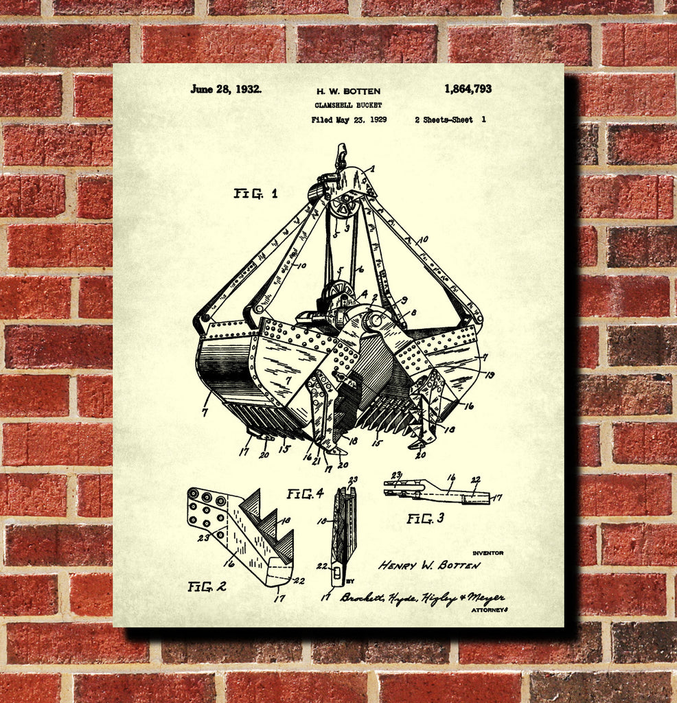 Clamshell Bucket Patent Print Construction Blueprint Mining Poster