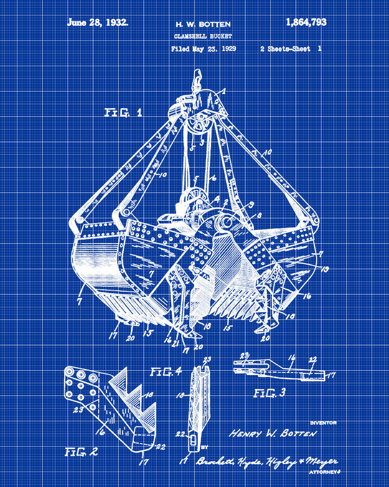 Clamshell Bucket Patent Print Construction Blueprint Mining Poster - OnTrendAndFab