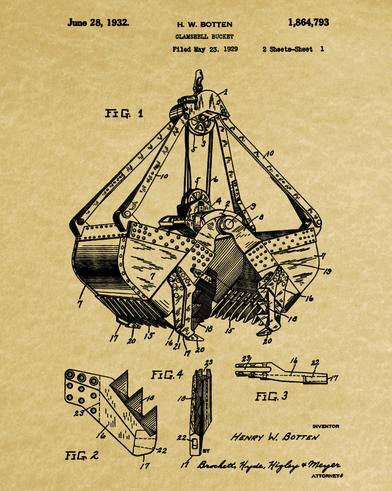 Clamshell Bucket Patent Print Construction Blueprint Mining Poster
