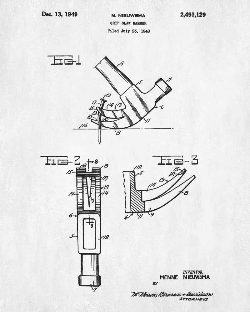 Claw Hammer Patent Print Hand Tools Blueprint Workshop Poster