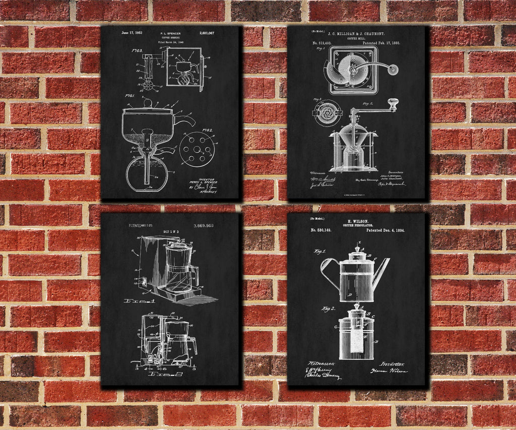 Cafe Patent Prints Coffee Wall Art Kitchen Posters Set 4