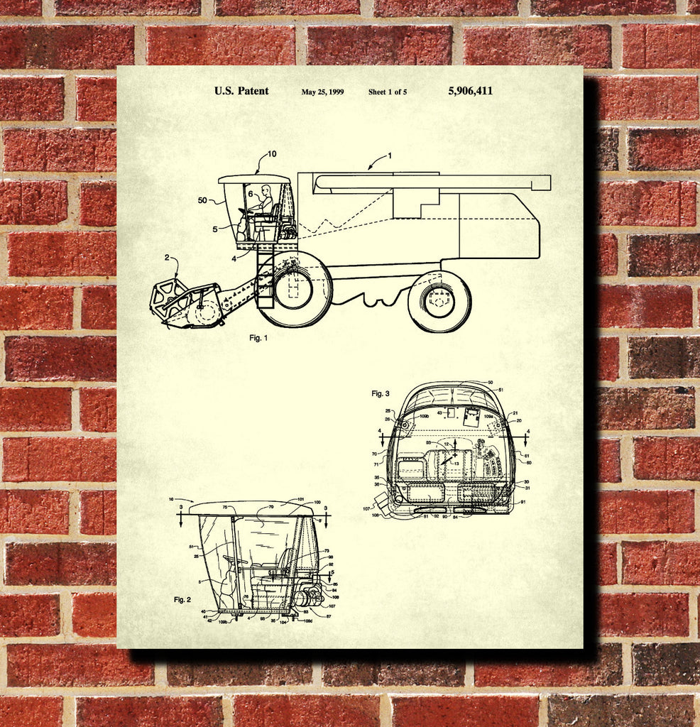 Combine Harvester Patent Print Farm Equipment Poster Farming Art