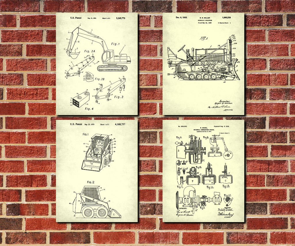 Construction Equipment Patent Prints Set 4 Diesel Power Posters