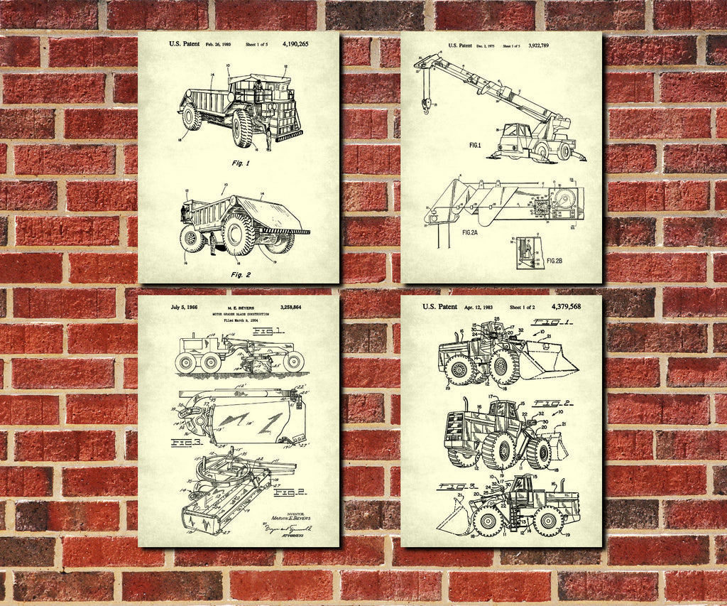 Construction Vehicle Posters, Set 4 Mining Patent Prints