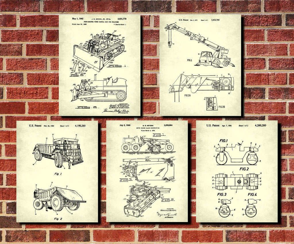 Construction Vehicle Posters, Set 5 Mining Patent Prints