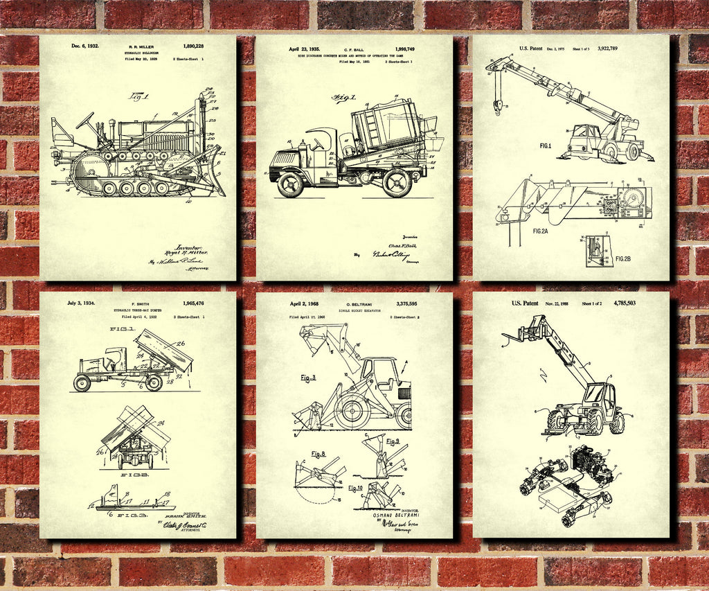 Construction Vehicle Posters, Set 6 Mining Patent Prints