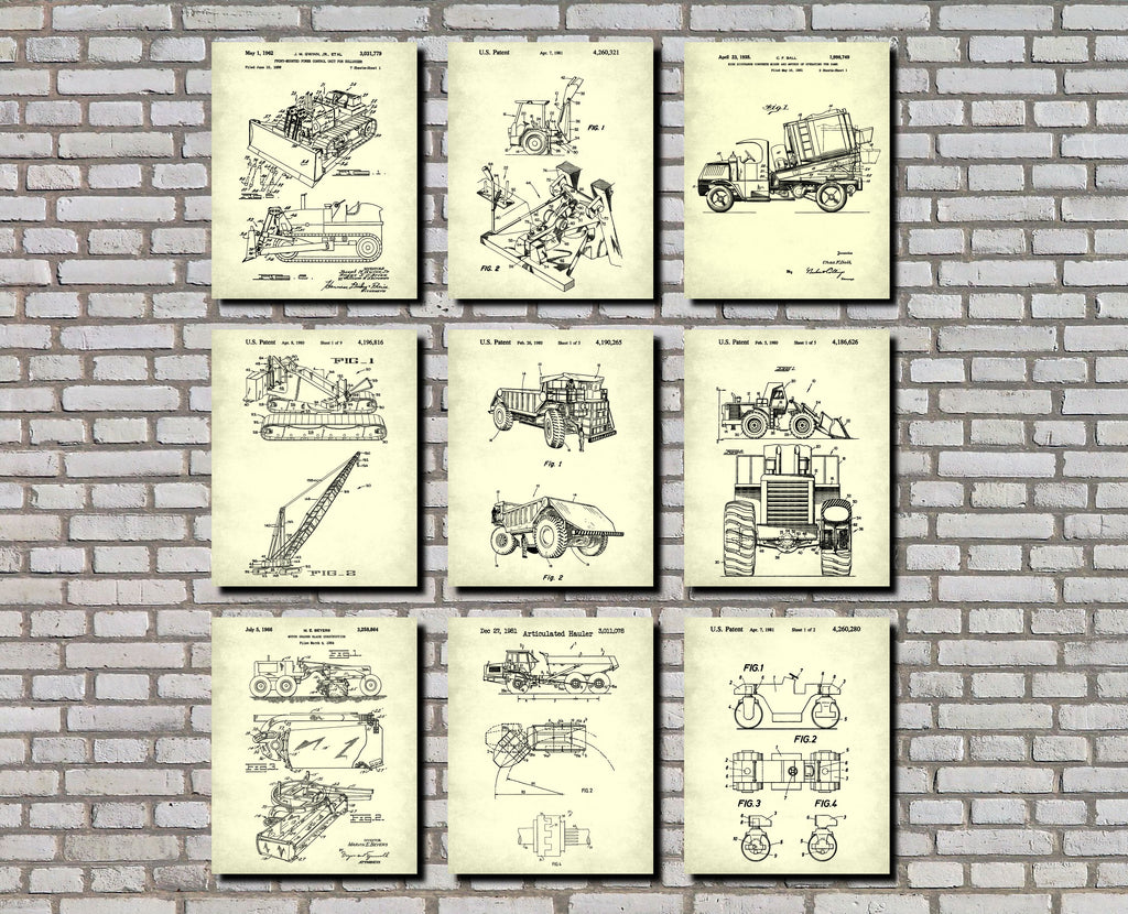 Construction Vehicle Posters, Set 9 Mining Patent Prints
