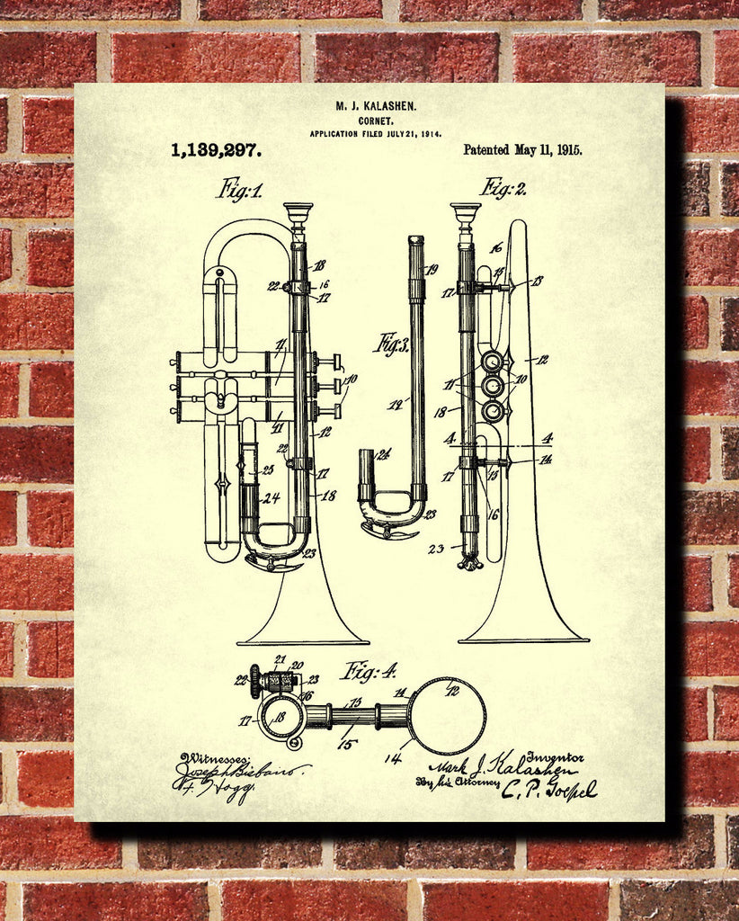 Cornet Patent Print Orchestral Musical Instrument Wall Art Poster