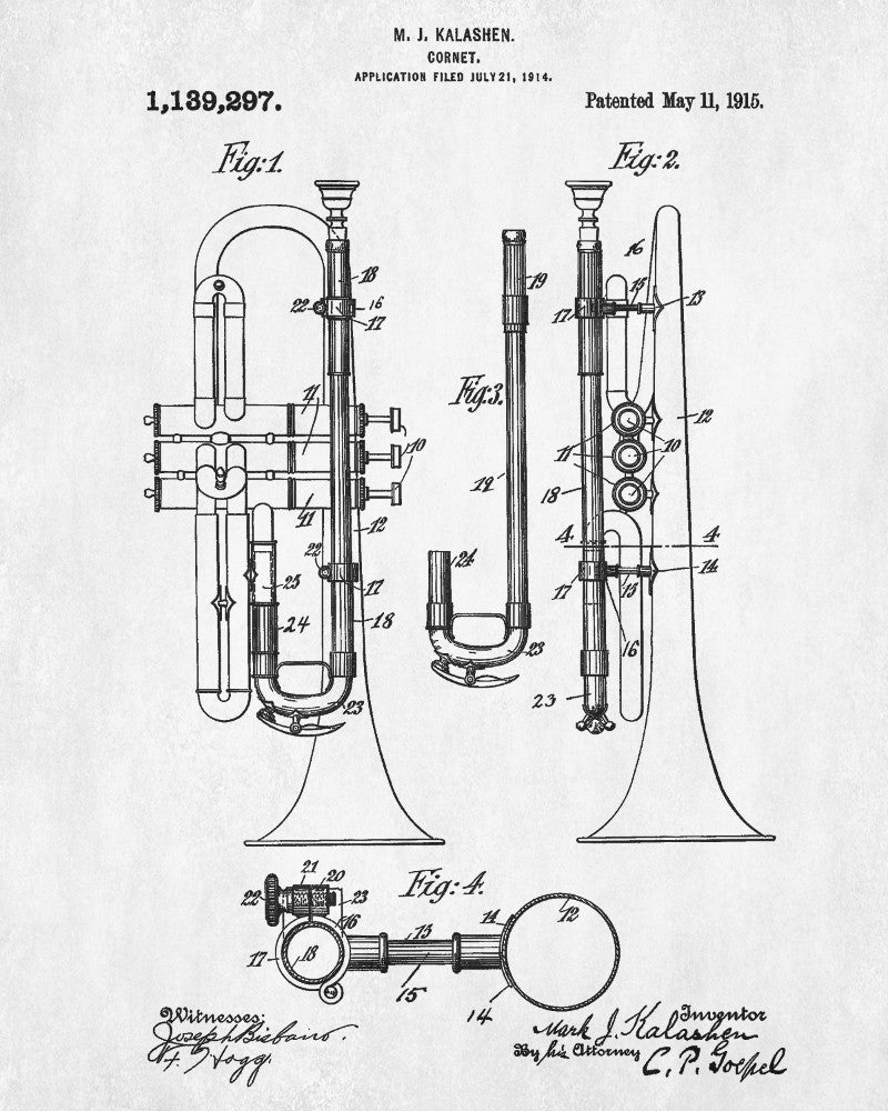 Cornet Patent Print Orchestral Musical Instrument Wall Art Poster