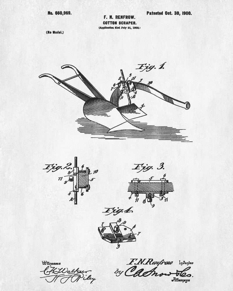 Farm Equipment Patent Print, Cotton Scraper Blueprint