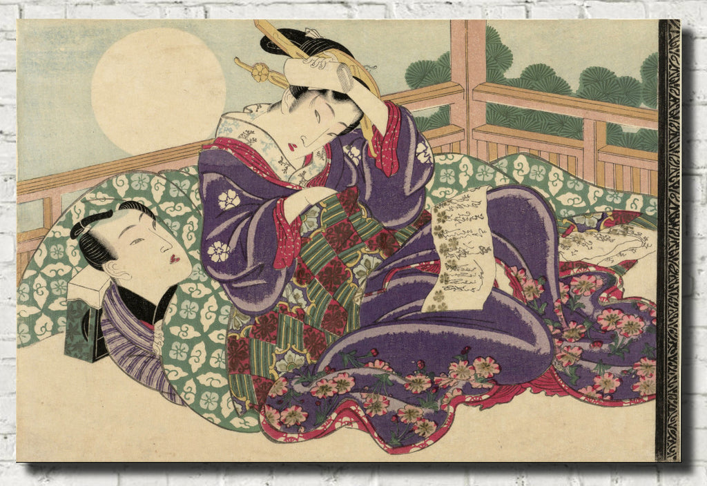 Keisai Eisen, Japanese Art Print : Couple in Full Moon