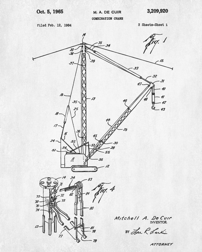 Crane Patent Print Building Blueprint Construction Machinery Poster