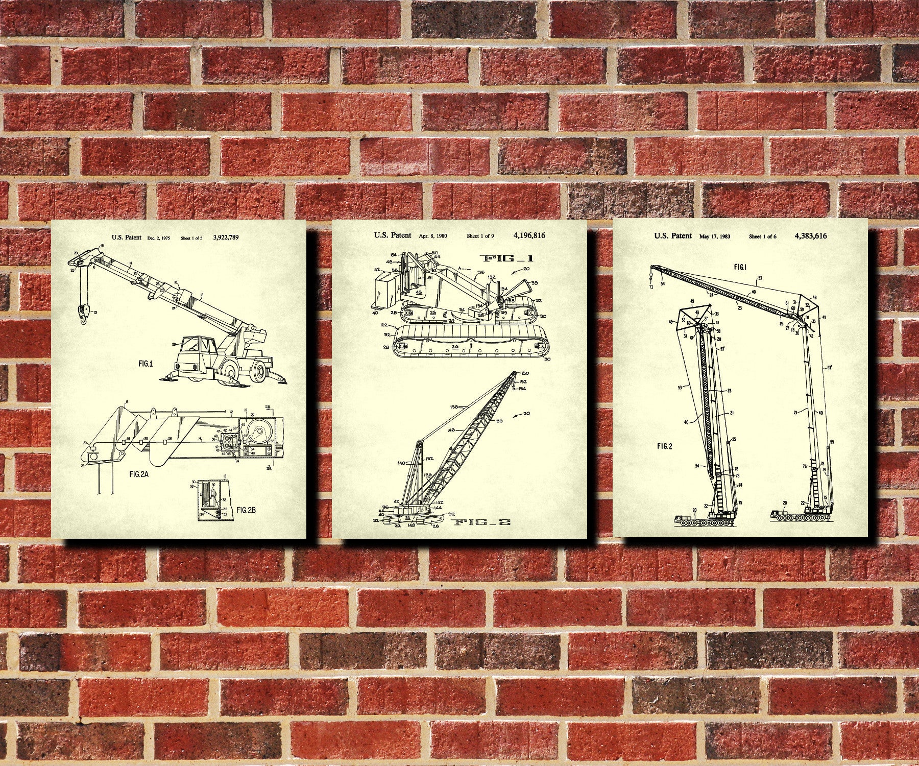 Crane Patent Prints Set 3 Construction Machinery Posters
