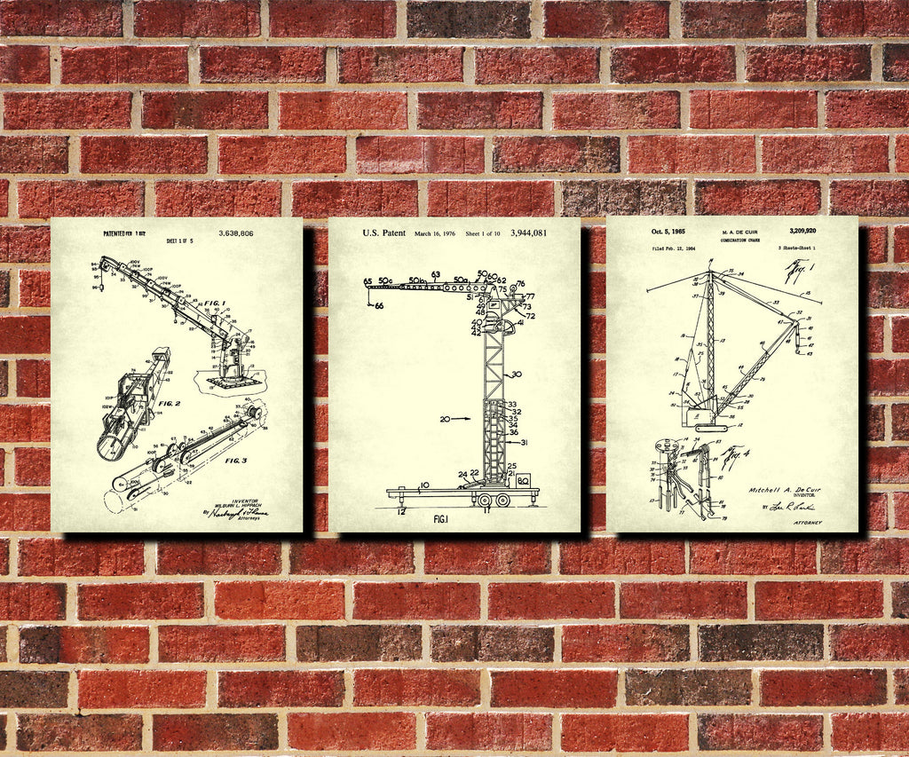 Crane Posters Set 3 Construction Machinery Patent Prints