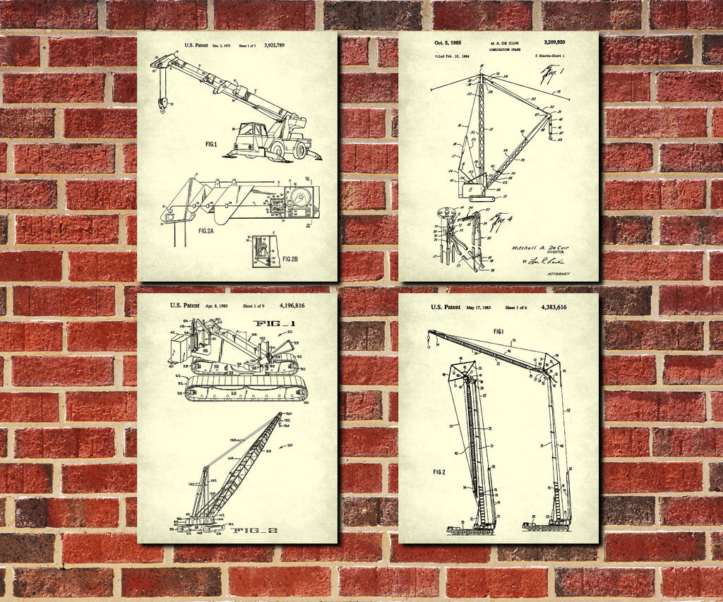 Crane Patent Prints Set 4 Construction Machinery Posters