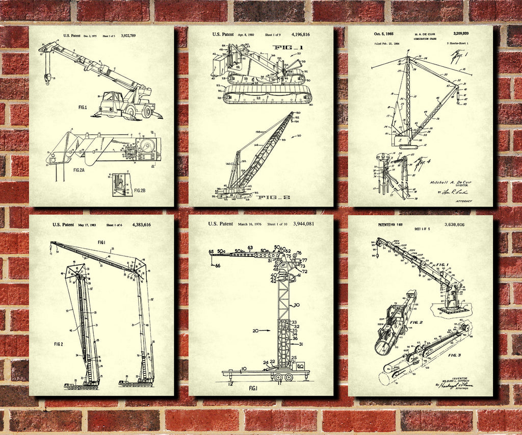 Crane Patent Prints Set 6 Construction Machinery Posters