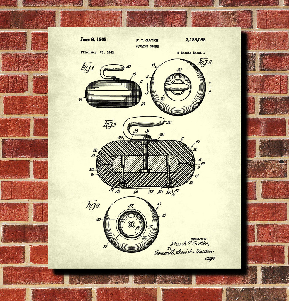 Curling Stone Patent Print Winter Sports Blueprint Poster