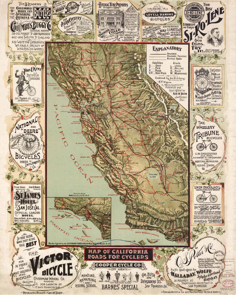 California State Map Cycling Print Vintage Poster Old Map as Art