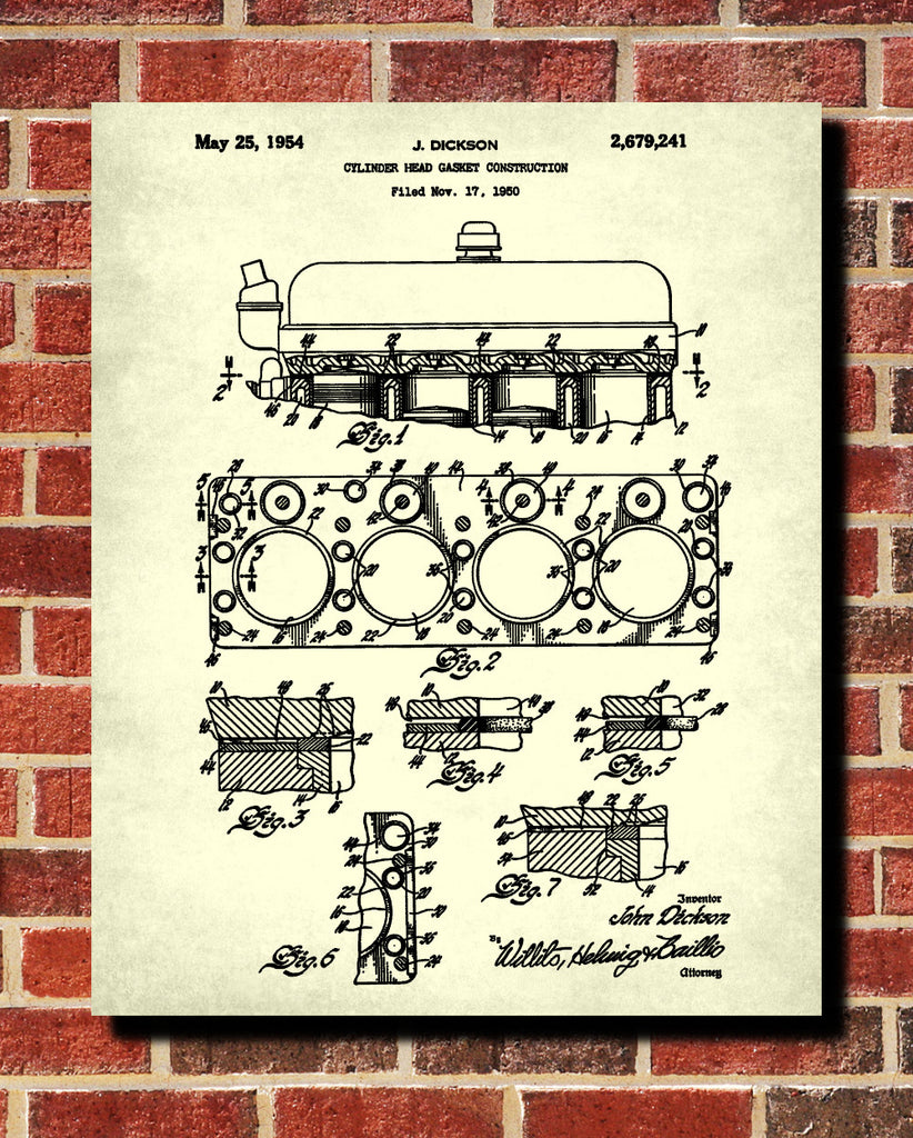 Engine Blueprint Cylinder Head Gasket Car Patent Print Garage Poster