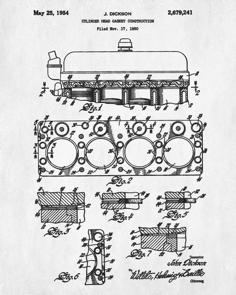 Engine Blueprint Cylinder Head Gasket Car Patent Print Garage Poster