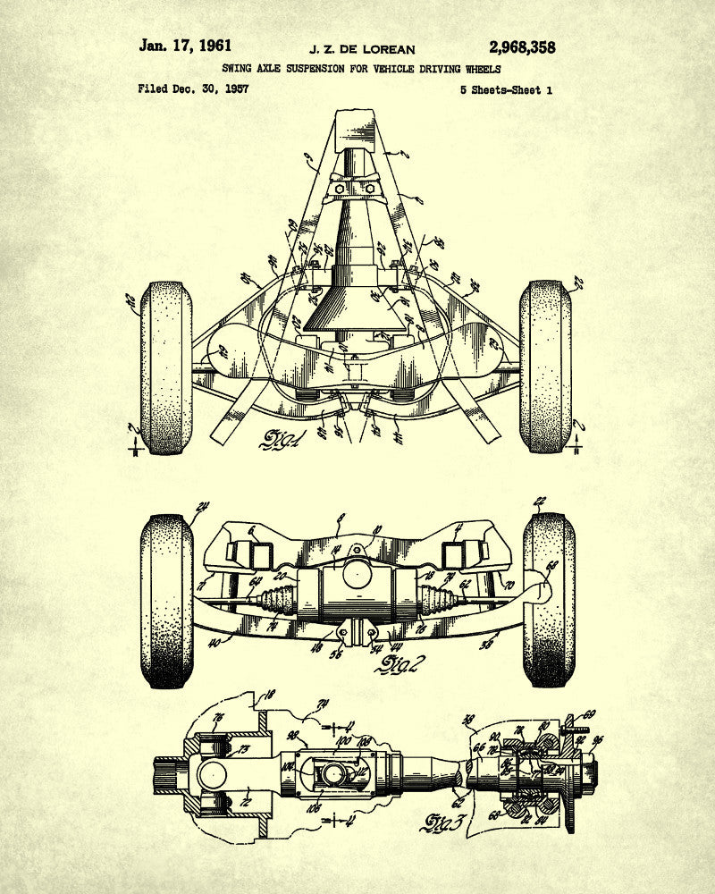 De Lorean Blueprint Automotive Car Axle Patent Print - OnTrendAndFab
