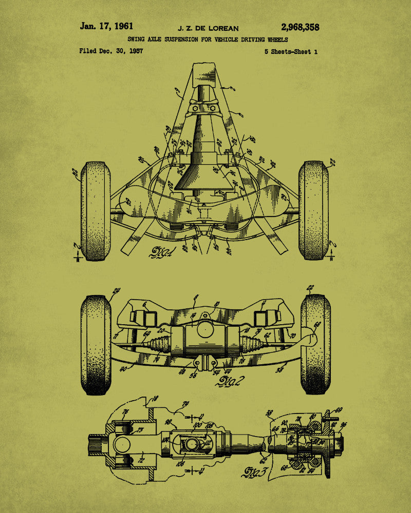 De Lorean Blueprint Automotive Car Axle Patent Print - OnTrendAndFab