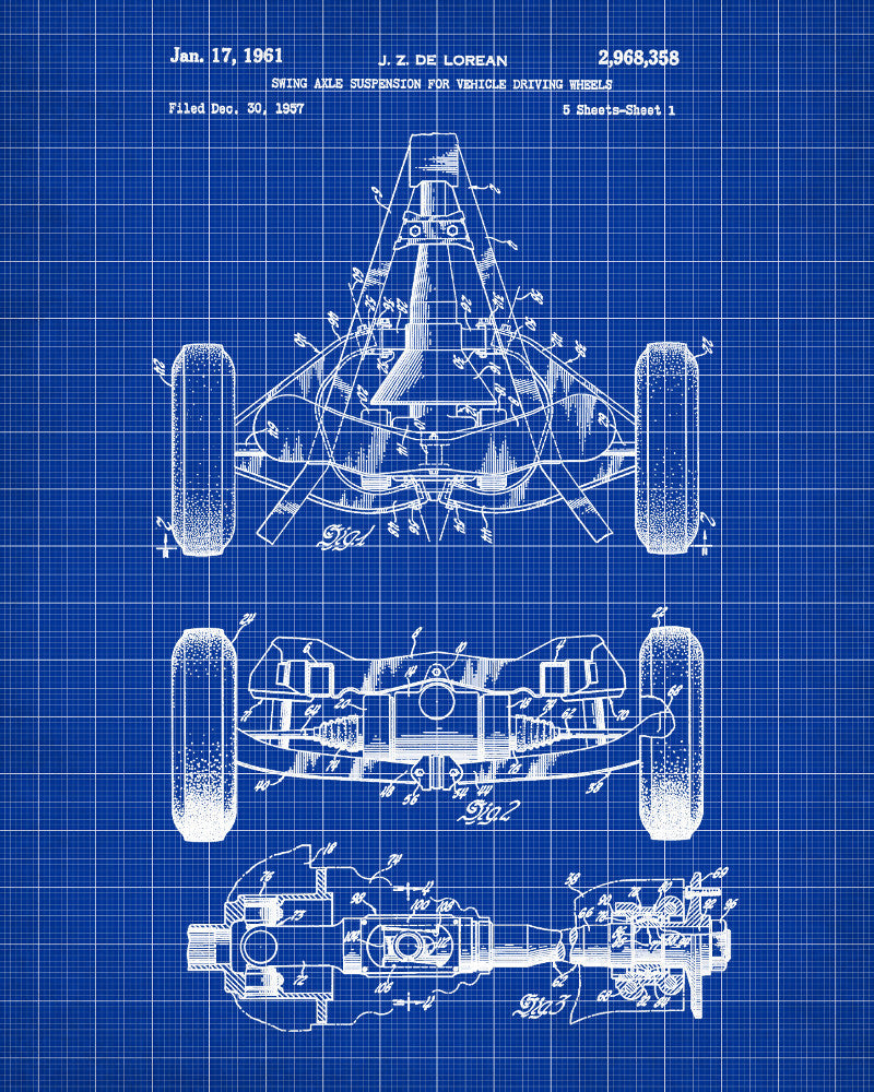 De Lorean Blueprint Automotive Car Axle Patent Print - OnTrendAndFab