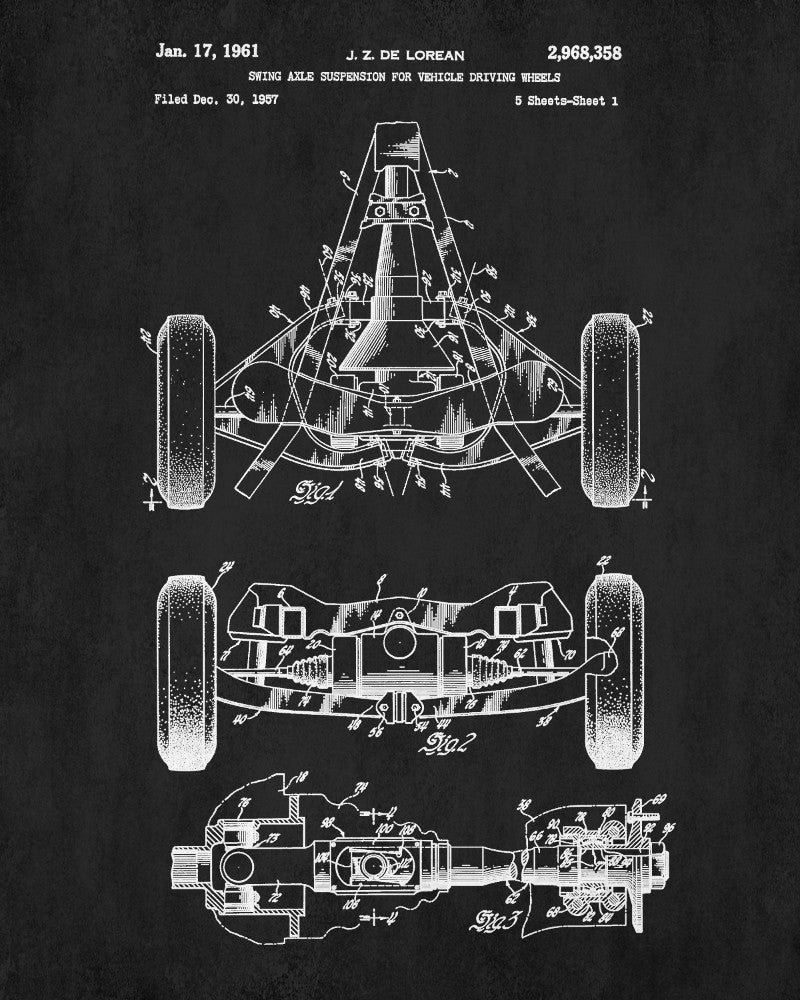 De Lorean Blueprint Automotive Car Axle Patent Print - OnTrendAndFab