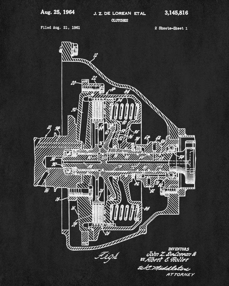 De Lorean Blueprint Car Clutch Patent Print - OnTrendAndFab