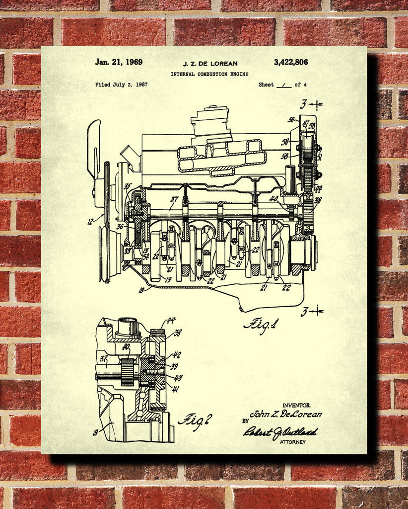 De Lorean Blueprint Automotive Car Engine Patent Print - OnTrendAndFab