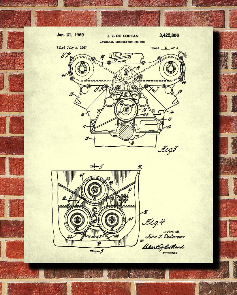 De Lorean Blueprint Car Engine Automotive Patent Print - OnTrendAndFab