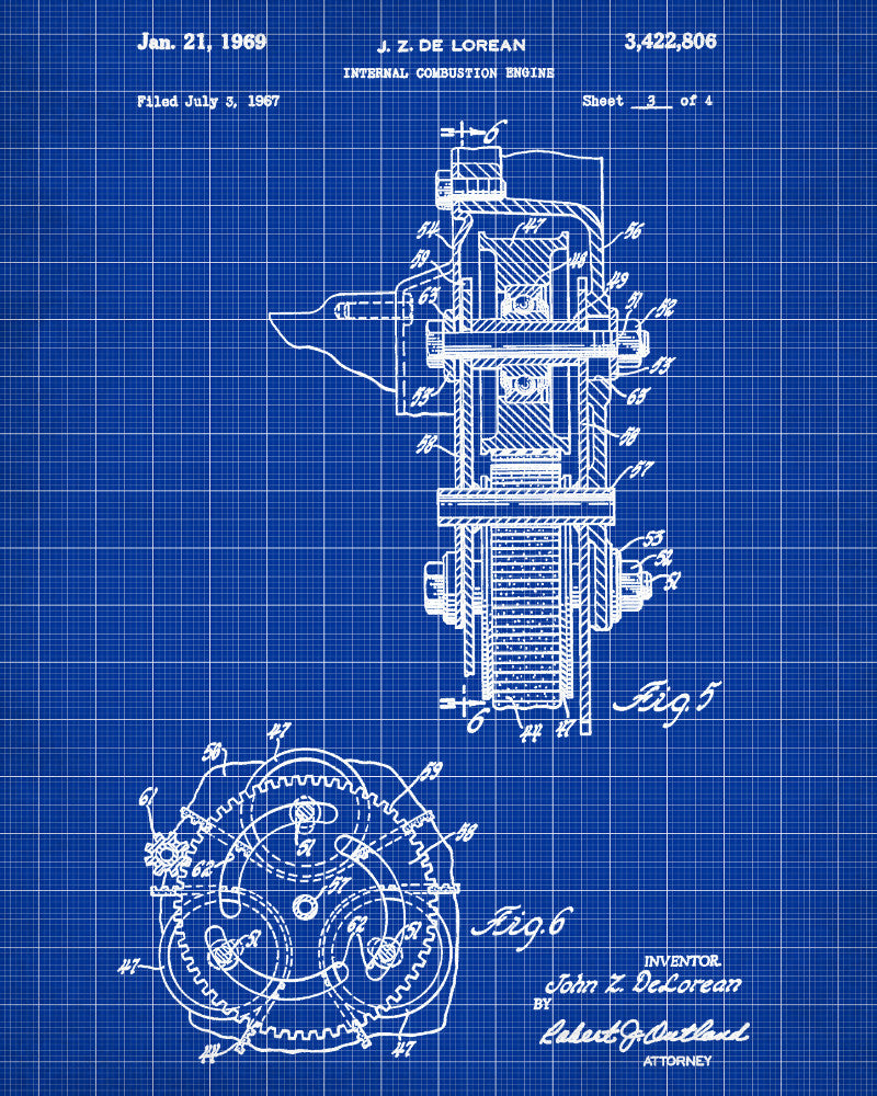 DeLorean Blueprint Automotive Car Engine Patent Print - OnTrendAndFab