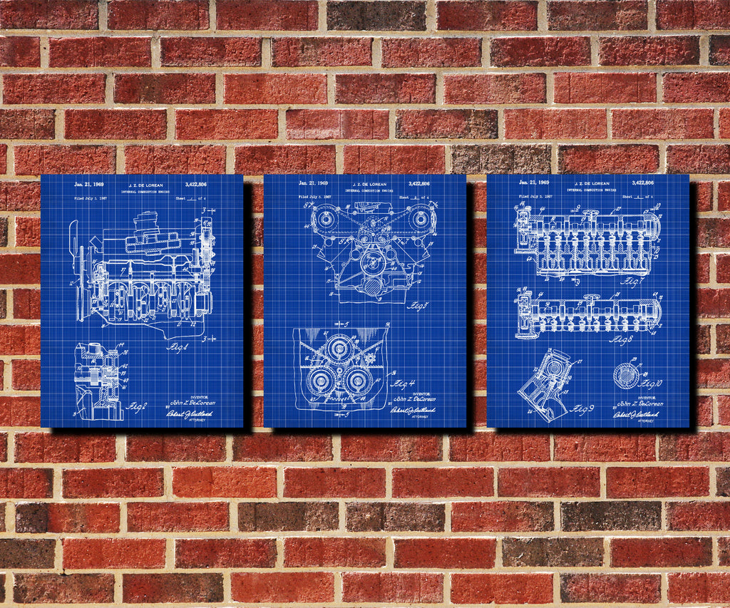 DeLorean Engine Blueprints Set 3 Patent Prints - OnTrendAndFab