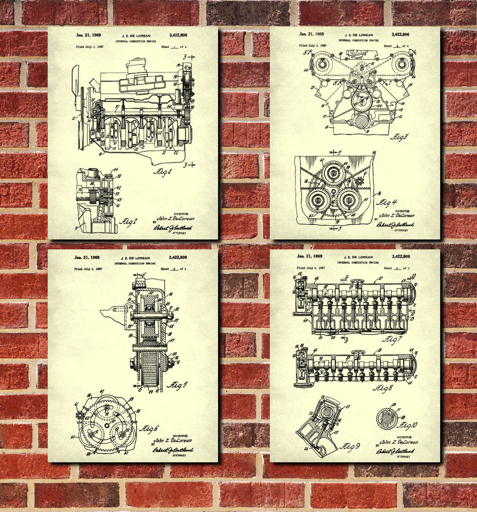 DeLorean Engine Blueprints Set 4 Patent Prints - OnTrendAndFab