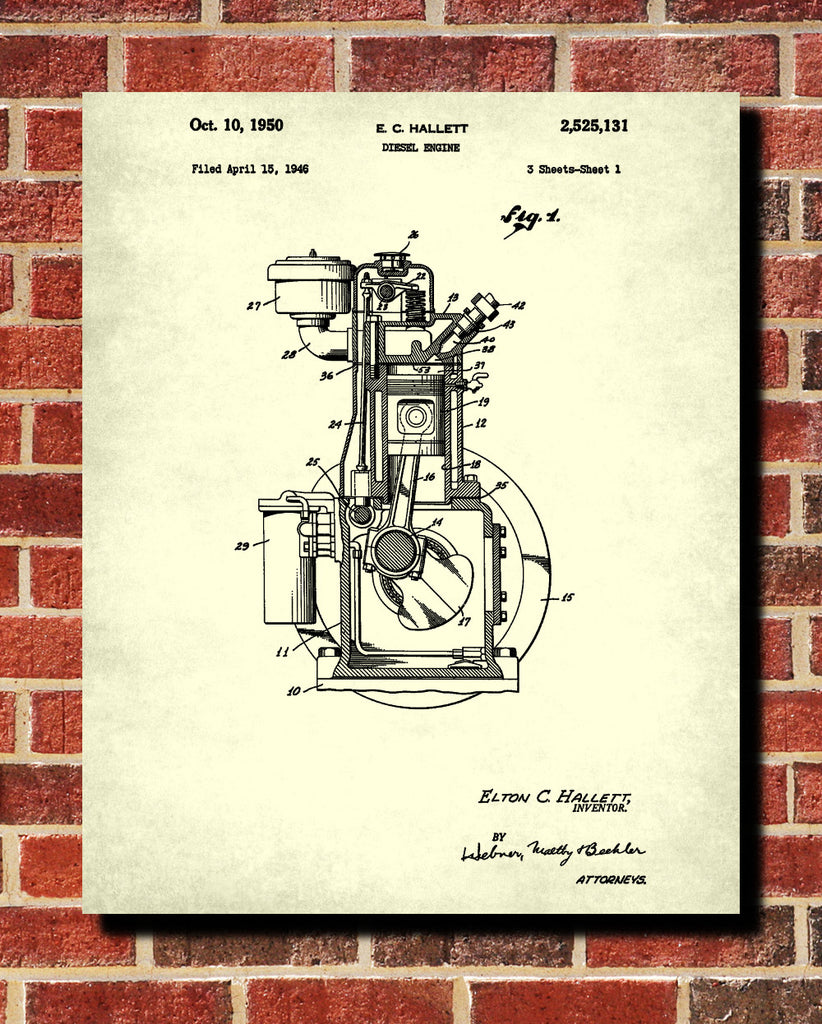 Diesel Engine Patent Print Garage Poster Workshop Blueprint 