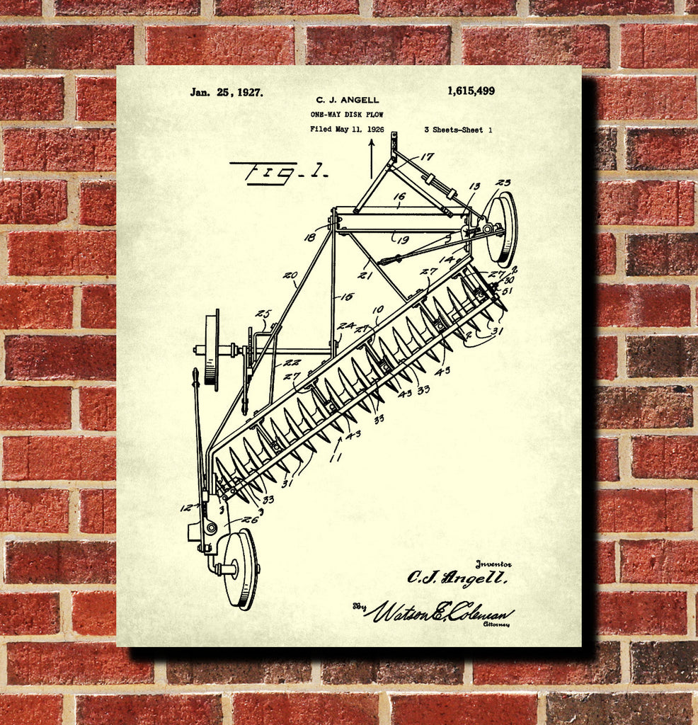 Farm Equipment Patent Print, Disc Plough, Plow Blueprint