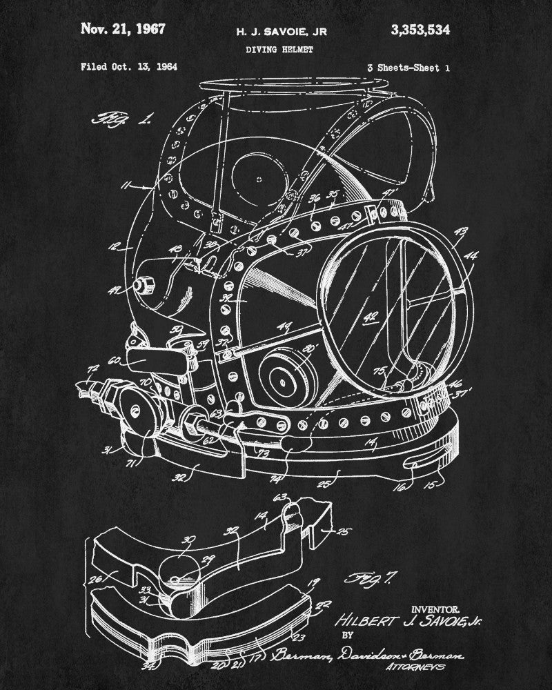Diving Helmet Patent Print Dive Blueprint Marine Poster