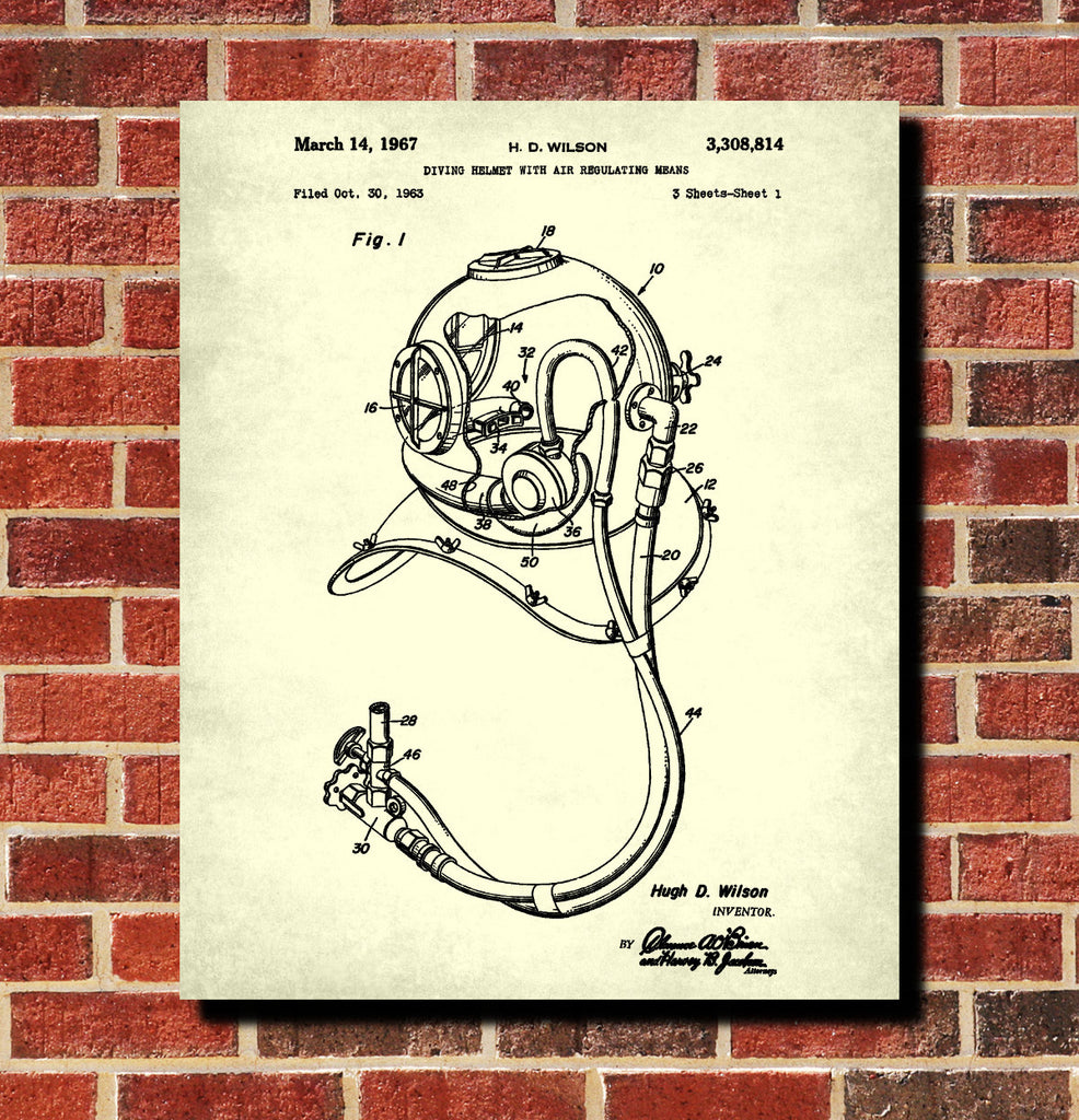 Dive Helmet Patent Print Diving Blueprint Marine Poster