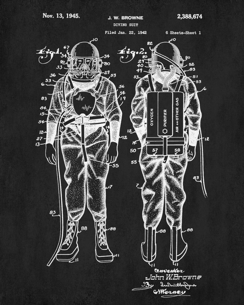 Dive Suit Patent Print Diving Blueprint Marine Poster