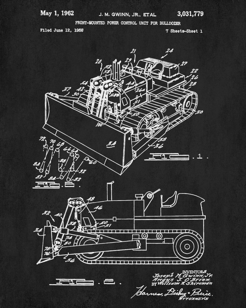 Bulldozer Patent Print Construction Blueprint Gold Rush Poster