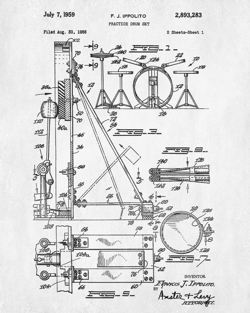 Drum Set Blueprint Drumming Patent Print Music Poster