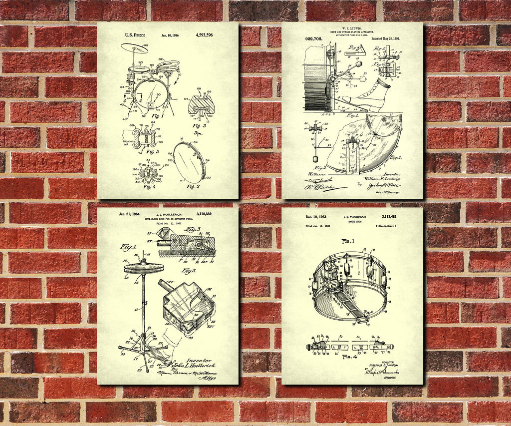 Drumming Patent Prints Set 4 Drums Blueprint Drummer Poster