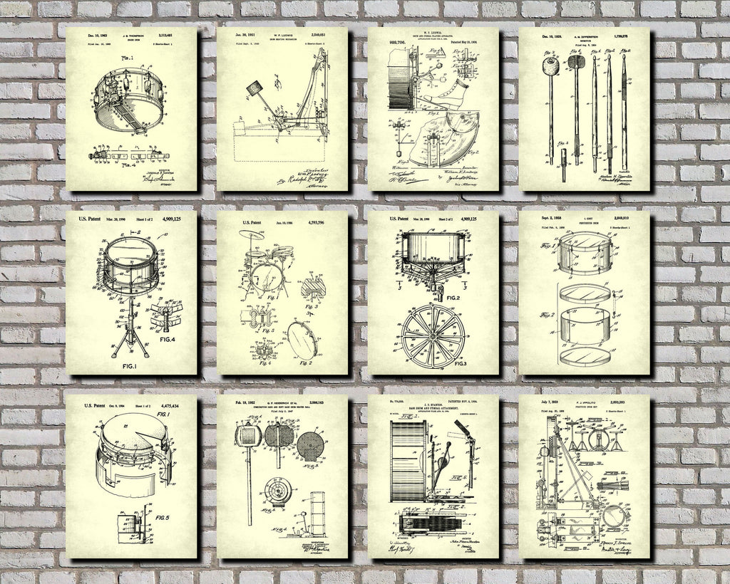 Drum Patent Prints Set of 12 Drumming Blueprints Music Posters