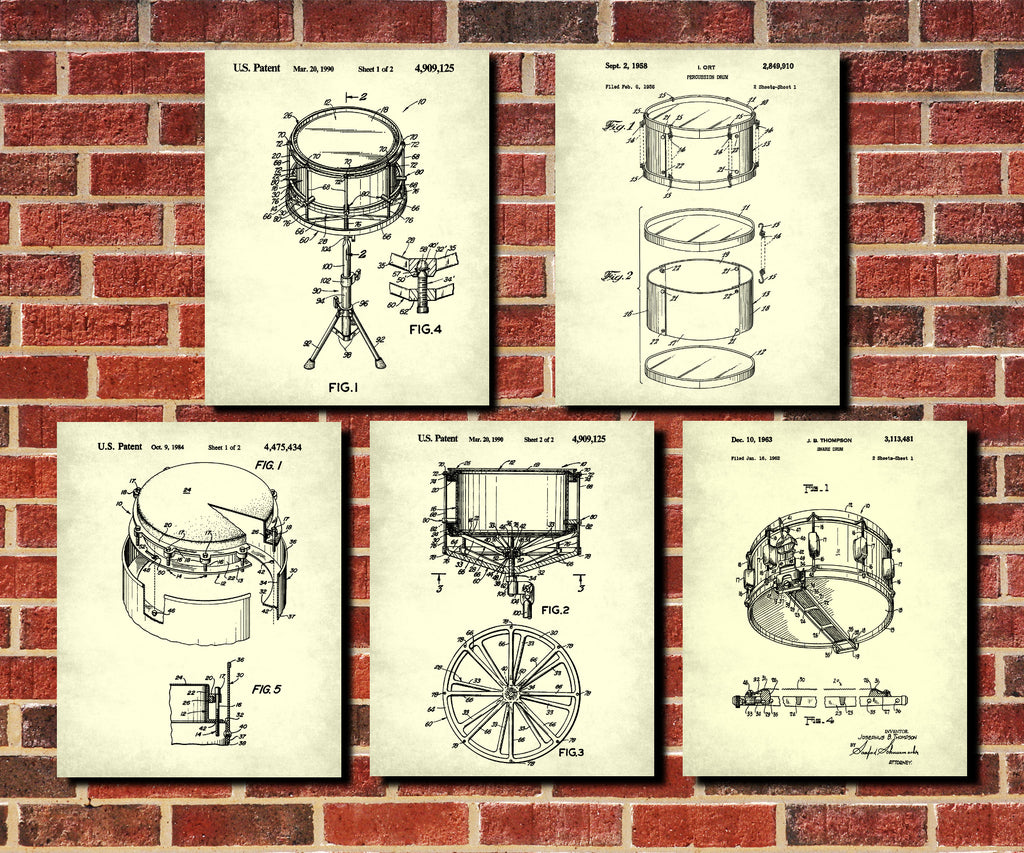 Drums Patent Prints Set 5 Music Posters Drumming Art