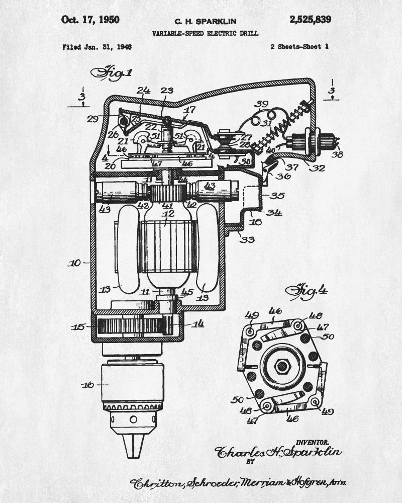 Electric Drill Blueprint Power Tools Patent Workshop Art
