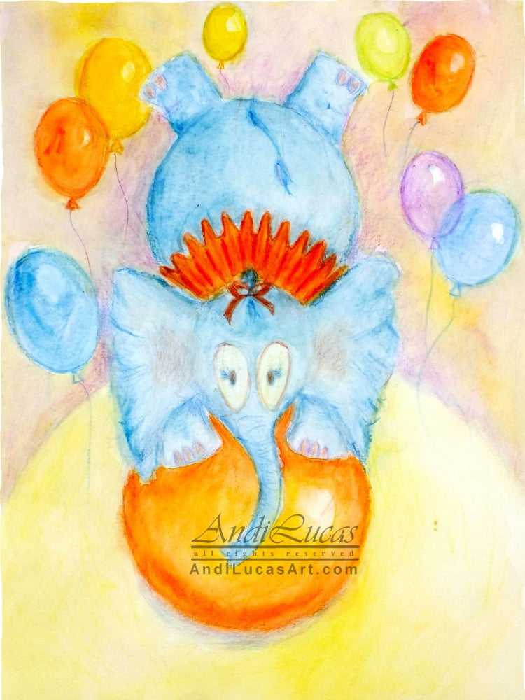 Party Elephant Cute Children's Nursery Wall Art Print