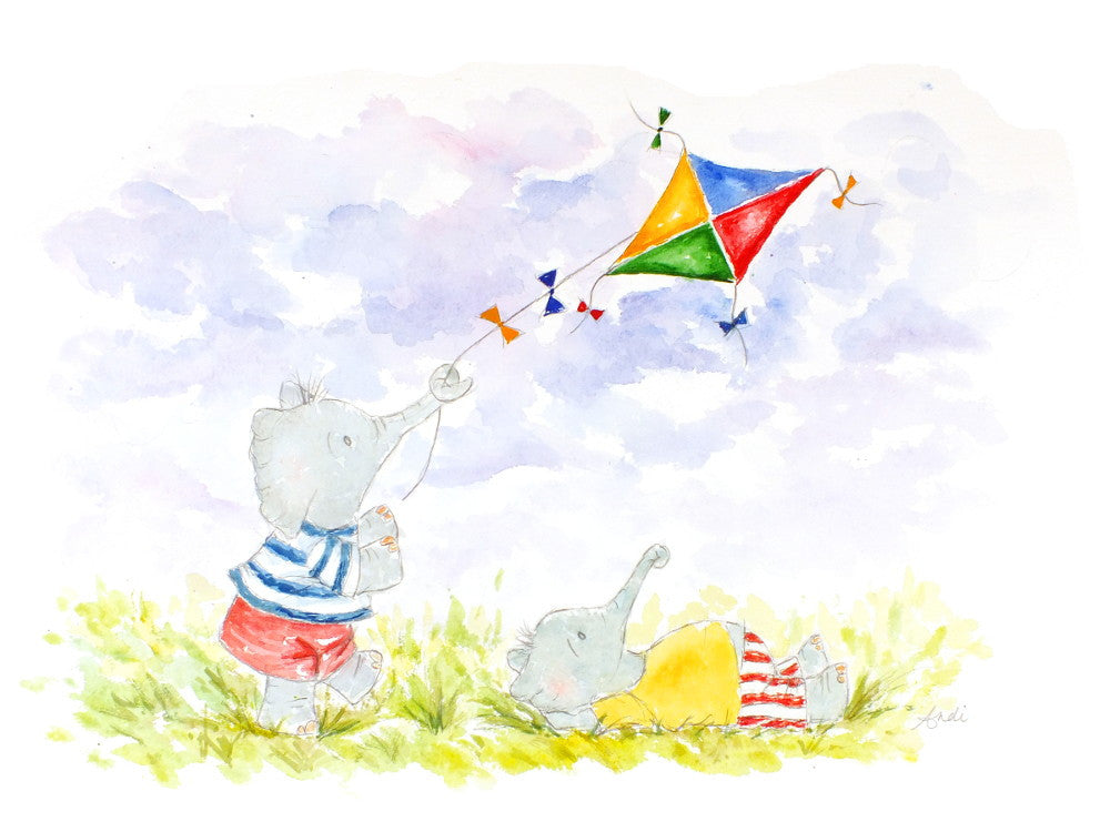 Elephant Kite Flying Cute Children's Nursery Wall Art Print